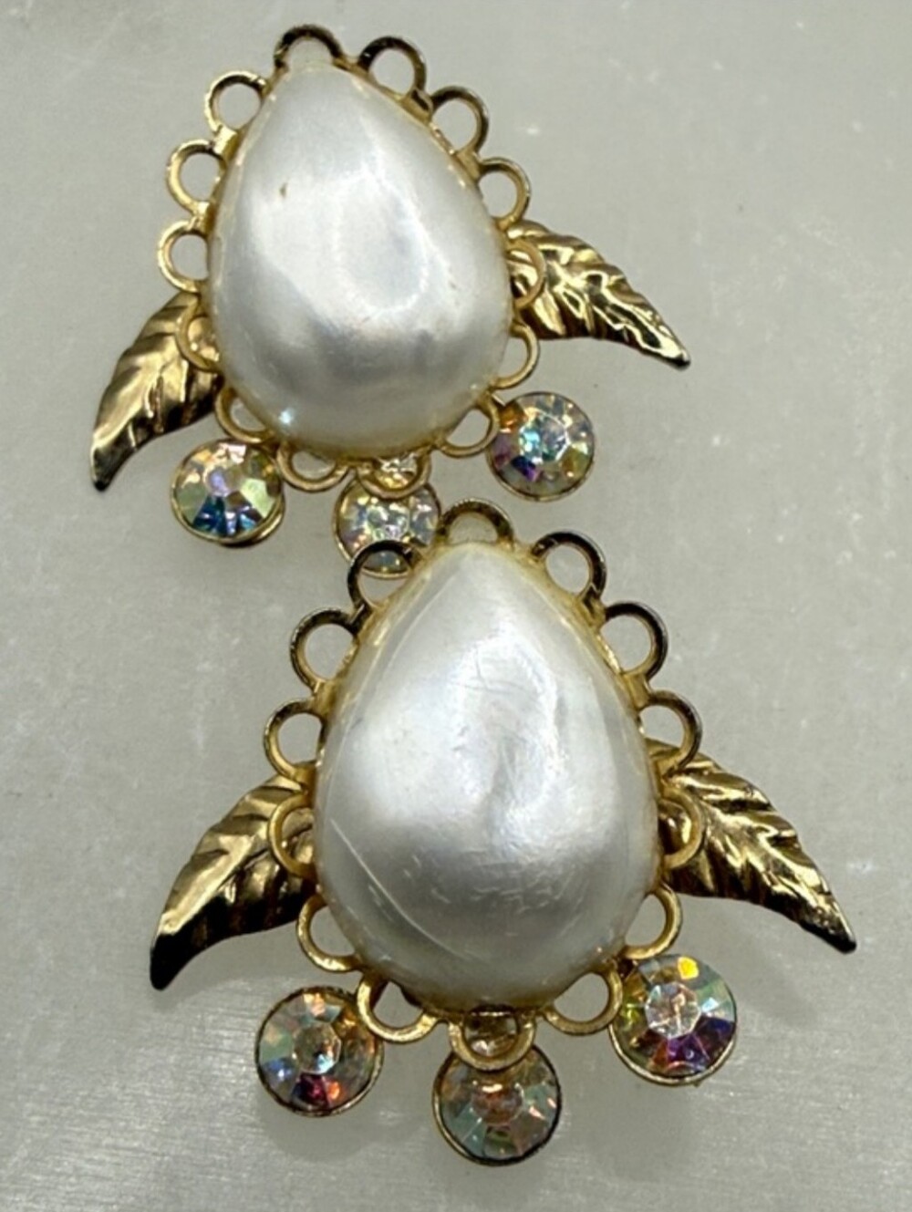 Vintage Aurora Borealis Rhinestone Gold Leaf Teardrop Pearl Earrings Faux Pearl
